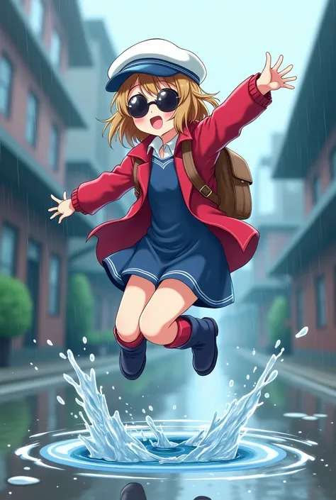 Anime a girl, laughs, light brown hair shoulder length, Black sunglasses, white and blue newsboy cap, red coat, blue dress, brown backpack,  red knee socks, dark blue rubber boots, jump in puddle 