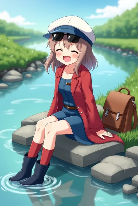 Anime a girl, laughs, light brown hair shoulder length, Black sunglasses, white and blue newsboy cap, red coat, blue dress, brown backpack,  red knee socks, dark blue rubber boots, sitting on rocks in the river, one foot in the water