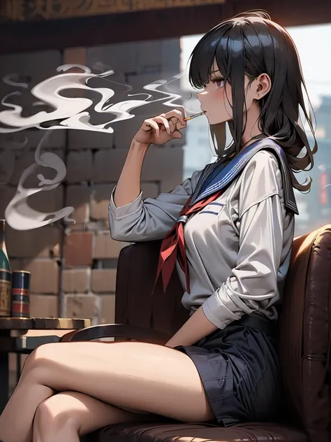 masterpiece, Highest quality, High resolution,alone, Accurate human body、Knowledgeable person、Correct five-finger,Anime Girl、Sitting cross-leggedをかいている,Smoking a cigarette,Sitting cross-legged,Cross-legged,  1 girl,Japanese girls uniform, Japanese School U...