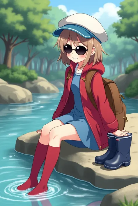 Anime a girl, grins, light brown hair shoulder length, Black sunglasses, white and blue newsboy cap, red coat, blue dress, brown backpack,  red knee socks taken off, dark blue rubber boots lie next to her, sitting on rocks in the river, puts her feet in th...