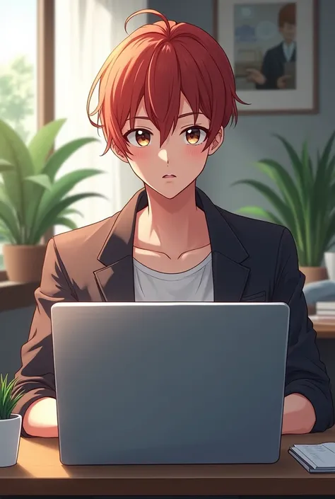 Male anime character sitting on a chair and laptop in front 