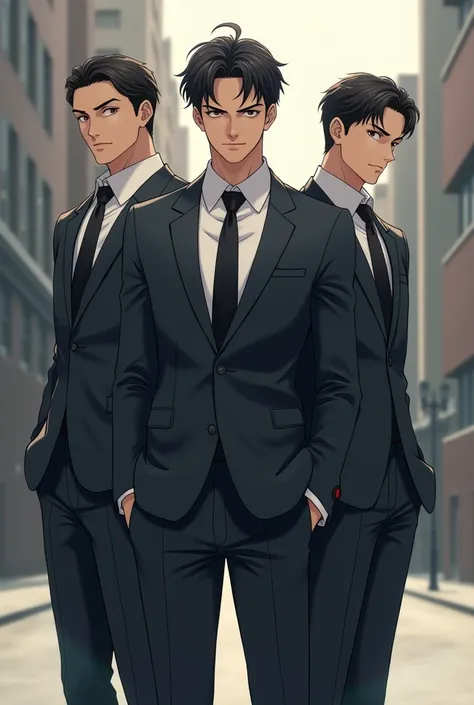 Make three men together in anime style, without flashy colors, photo size: 9.6 The three men must be serious, beautiful and attractive.  In different positions and far from the camera. Appearance of 20 or 25 years of all three, one of them with his hands i...