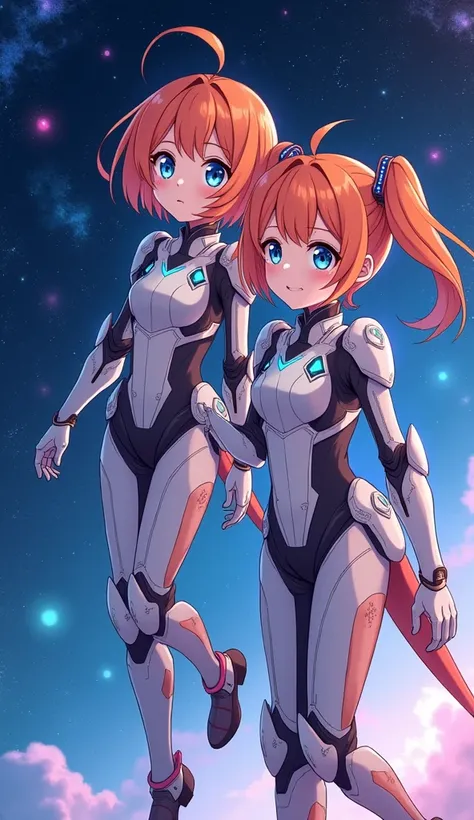 anime illustrations of a 2 twin , the girl wearing an robot armor, one short hair, and one twintail short, orange hair color, she has beautiful blue eyes, she is smiling shyly, she float in space galaxy , bright detailed texture,dynamic pose one girl exite...