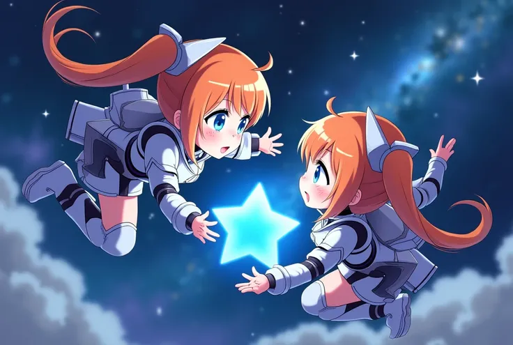 anime illustrations of a 2 twin , the girl wearing an robot armor, one short hair, and one twintail short, orange hair color, she has beautiful blue eyes, she is smiling shyly, she float in space galaxy , bright detailed texture,dynamic pose one girl exite...