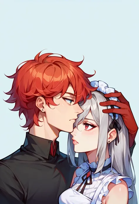 grey hair woman maid puts his hand on the tall red-haired man head, 거실, ( There must be two people in the image) ,샹델리아, 당황한 얼굴