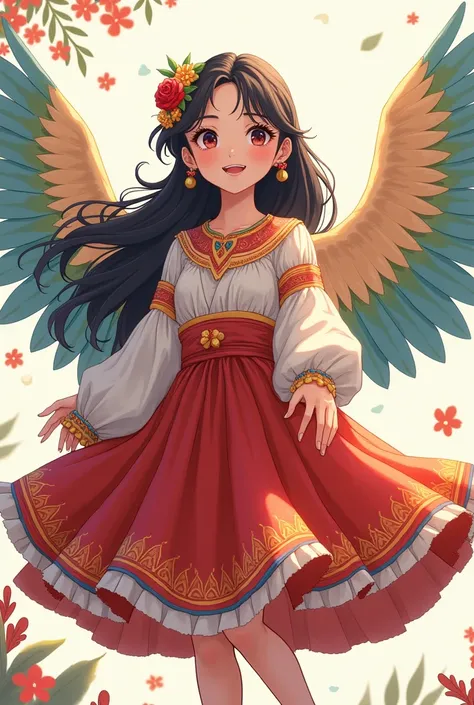 Simple anime drawing of a woman in a Bolivian Tobas dance costume with wings, colorful