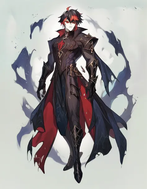 human male, black haircut ,red highlights , cold clothing ,genshin impact game style , black knight armor ,full body ,red pupils...