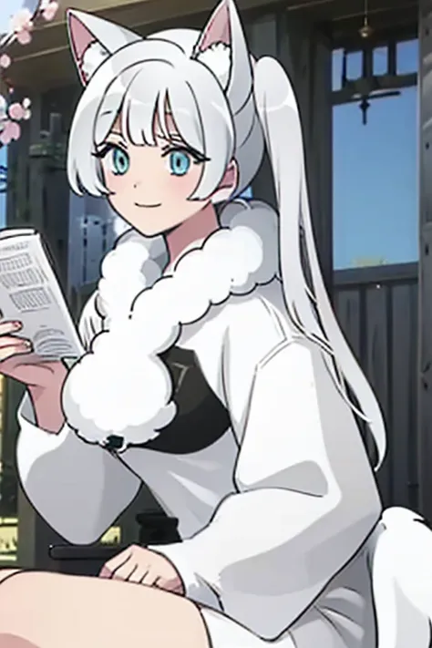 perfect face. perfect hands. a young white haired woman with green eyes with white wolf ears and a white wolf tail and an hourgl...