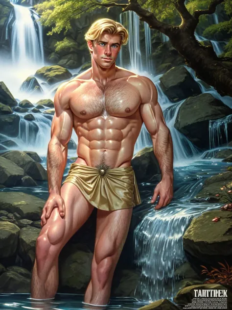 Handsome and brave aristocrat, blond muscular Wehrmacht officer (age 25) with aristocratic face, bathing in a waterfall, dress uniform carefully hung on a tree on the shore, dressed only in soldiers tokens, tired, sweaty, dirty, 1990s movie art style, maga...