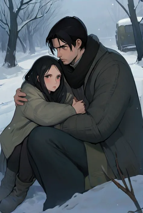 Draw a picture of a young couple, that in a post-apocalyptic, wintry world sits. The man has disheveled, black hair and wears a thick, black knitted sweater. He sits with a serious expression, his arms are crossed, and in his hands he holds a semi-automati...