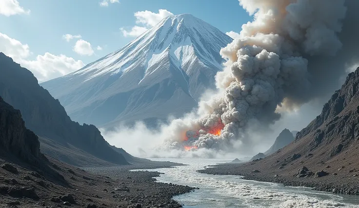 “Nevado del Ruiz eruption with melting ice and snow creating lahars. Intense flow of mud and debris, catastrophic and urgent atmosphere. Foto realista, —ar 16:9”