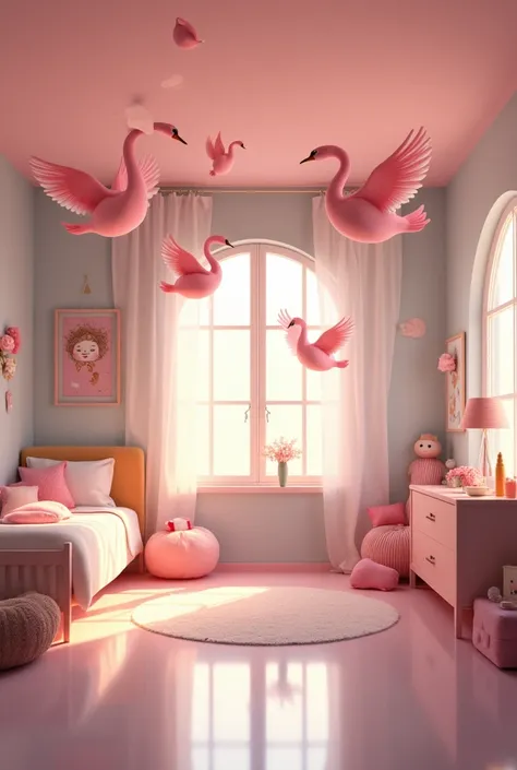 Pink swans on the ceiling in the children&#39;s room above the child