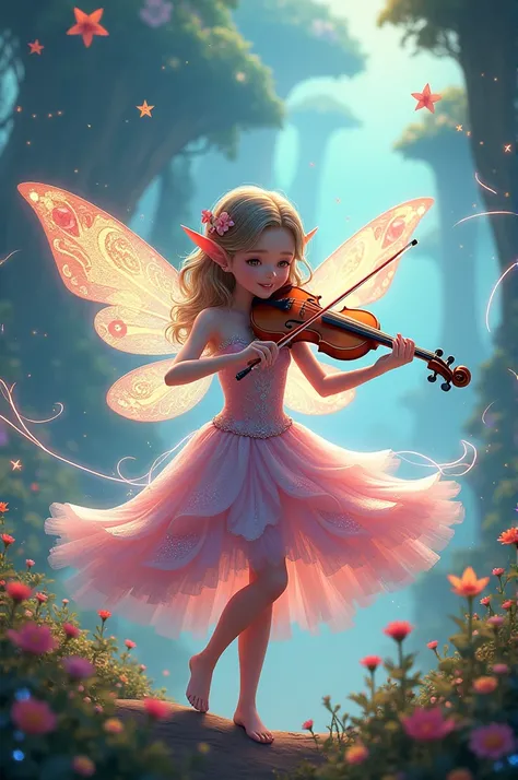 An anime fairy with a violine, very colorful