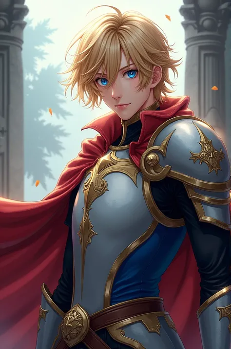 Handsome anime guy with blond hair and blue eyes wearing knight uniform