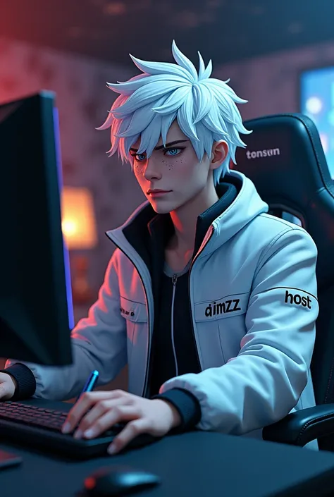 3D make me a FULL HD illustration of a real male human wearing a WHITE JACKET AND WHITE HAIR and his gaze is very sharp and in his eyes there are scratches and he is very handsome and he is sitting on a gaming chair while typing on his PC AND HE IS HOLDING...