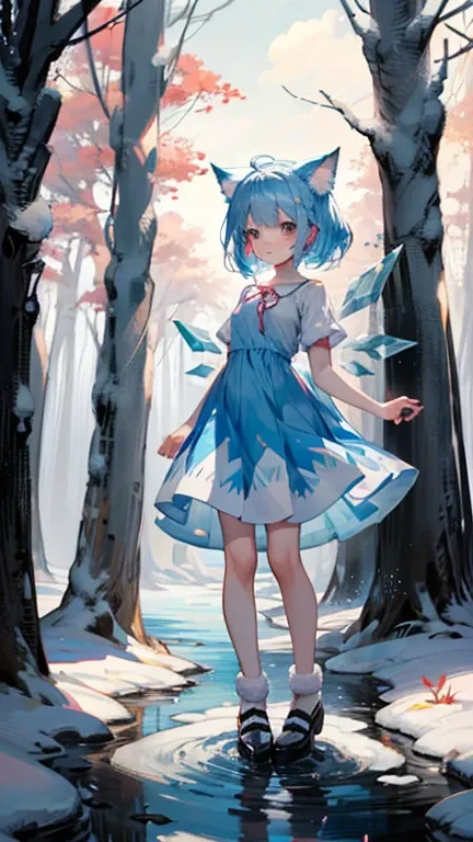 Ice Fairy,cirno,Cat ear,mysterious,forest,lake,skate,winter,Light blue dress,Pink ribbon on chest