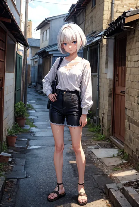 Anime girl with short white hair and old torn clothes standing in a village