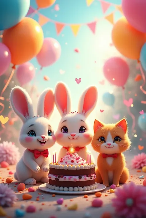 Smiling rabbit, sheep and cat celebrate with cake、balloon、Soap bubble、Confetti、masterpiece、Highest quality、Photon Mapping、High Contrast、Glitter、lame、Diamond particles、Multiple Exposure、gem、Light color、Subtle details、race、ribbon、Gorgeous