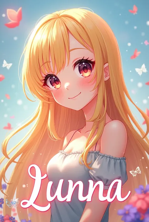 Create an image of a blonde anime girl , with the name &#39;Lunna&#39; written 