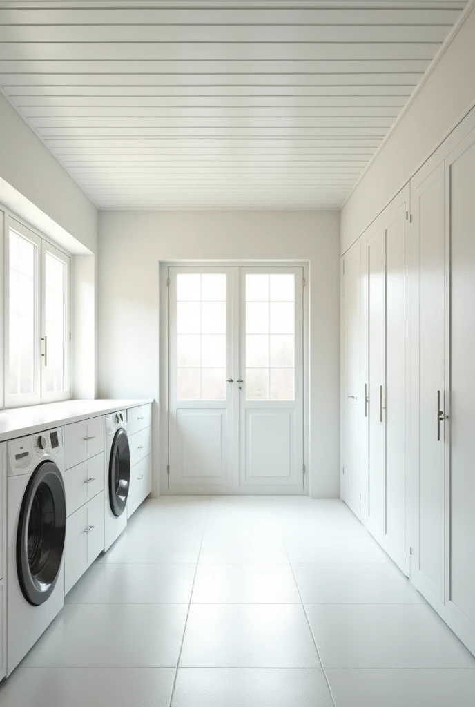 A very large laundry room with a white wooden roof, tiled walls and floor, and on one of the walls with two sets of two windows, 2 white PVC sliding sheets and on the other 3, a door on each