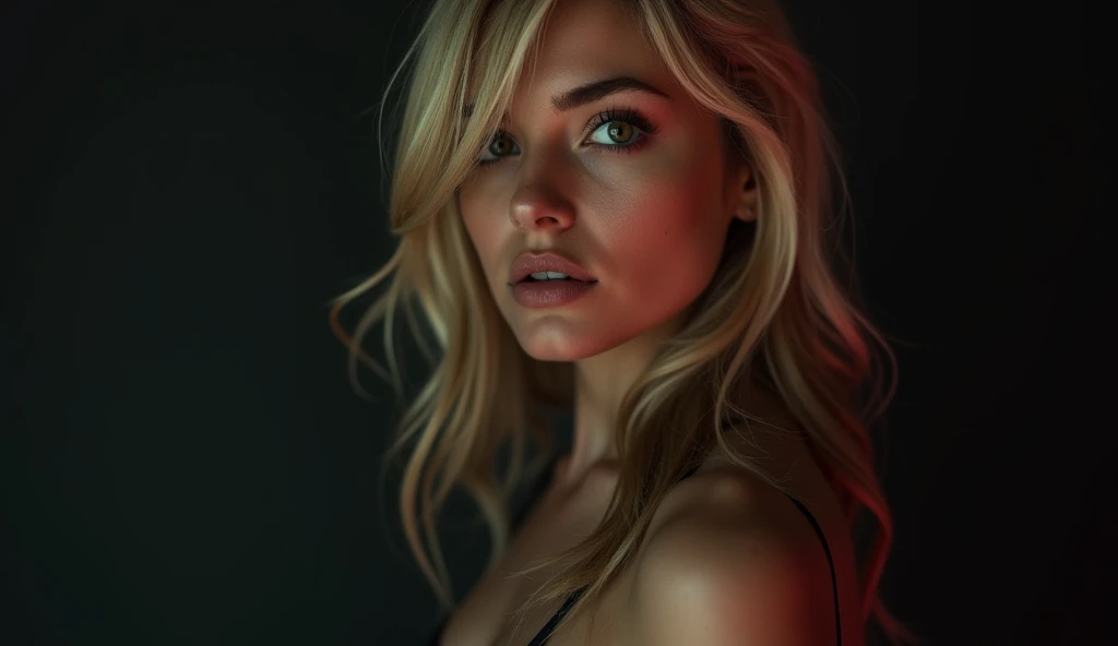 super cute blonde woman in a dark theme