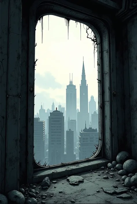 a window in which you can see a grey, gloomy and wild city looks. shadows can be seen in the sky. im comic stil