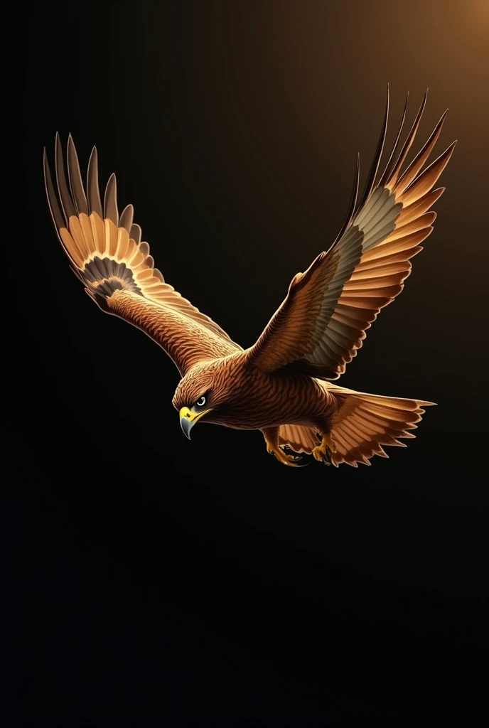 Draw hawk image with golden colour, should be flying  with black background,it should be vector ,face should be front side mean straight ,face of hawk should be face to face
Dark golden colour add
Make natural not animated  not perfect try more