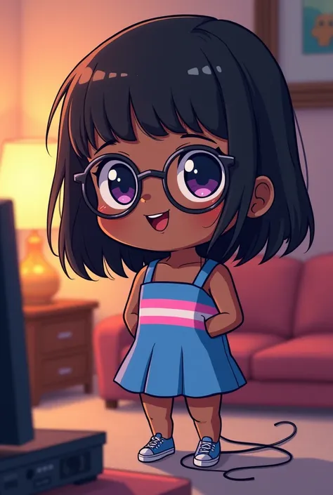 A trans woman wearing a short dress in the colors of the trans flag is in chibi style. Dark skin and medium straight black hair. whole body. Pose for Photo. wearing prescription glasses. playing video game, anime styling.