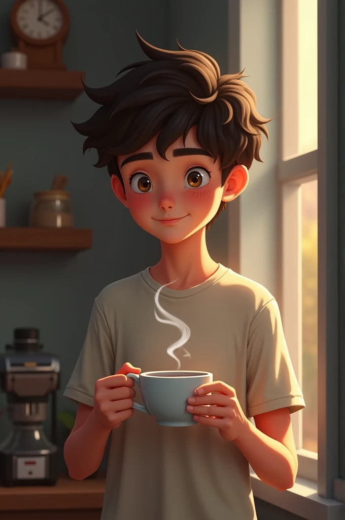 A grown boy standing and drinking coffee. A small smile on his face