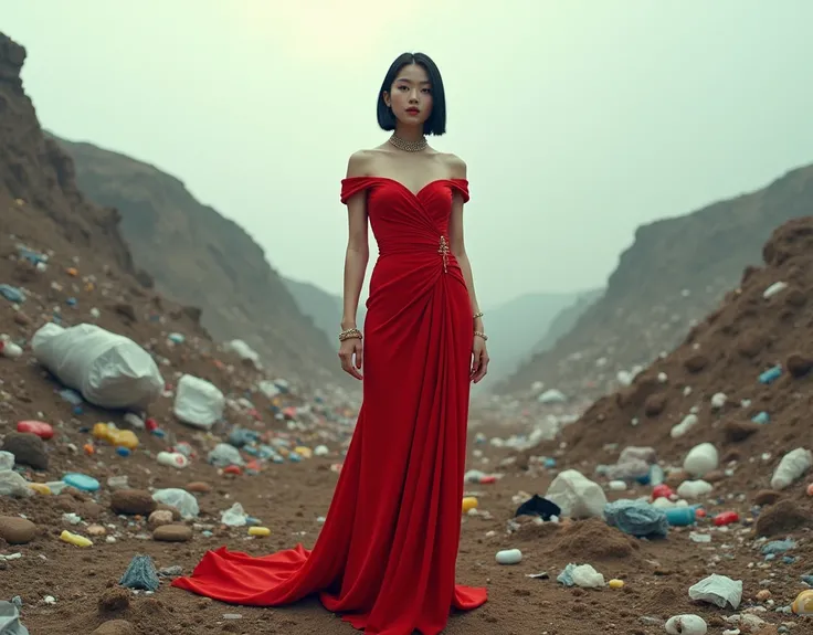 ((best quality)), ((masterpiece)), (detailed), Generate a full-body image of a 20-year-old Asian woman with short, sleek hair standing in the middle of a vast field filled with mounds of rubbish, plastic waste, and scattered debris. The sky is hazy and pol...