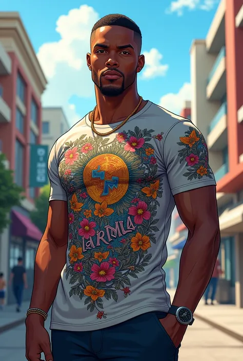 A man wearing a designed t-shirt, he is a black man with a buzzcut hairstyle, he is around 2, he has a goatee, anime style, realistic wide shot 