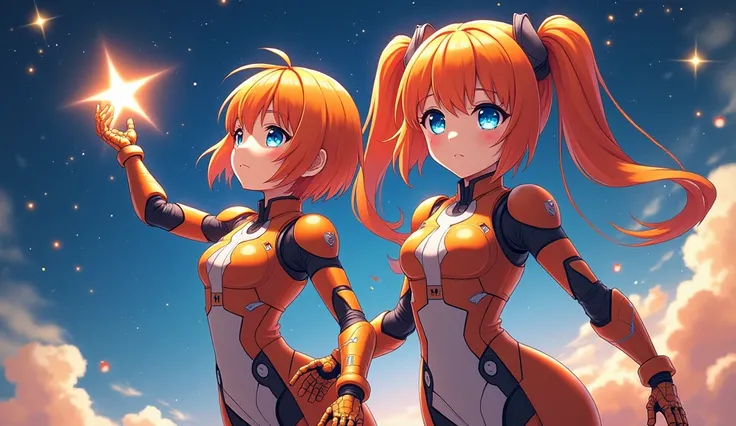 anime illustrations of a 2  twin girl, the girl wearing an robot armor, one short hair, and one twintail short, orange hair color, she has beautiful blue eyes, she is smiling shyly, space and galaxy orion with star background , bright detailed texture,dyna...