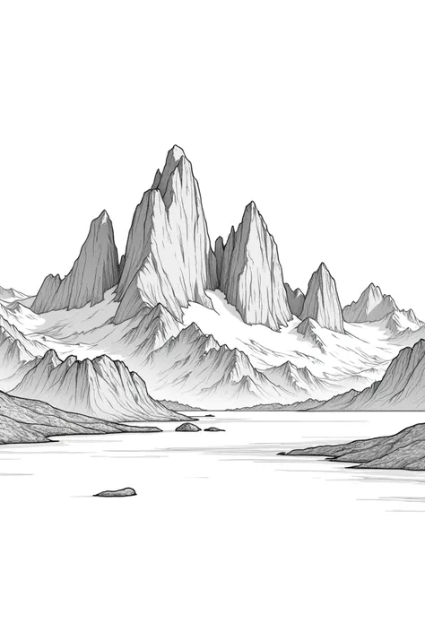 coloring page,  Torres del Paine Mountain Chile. black and white image


