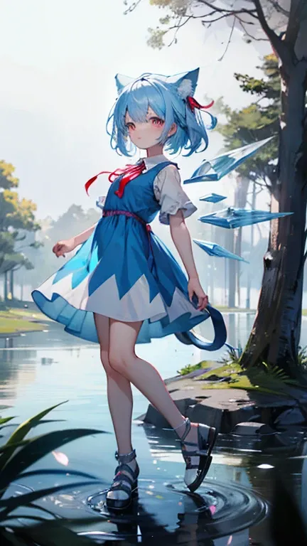 Ice Fairy,cirno,Cat ear,mysterious,forest,lake,skate,winter,Light blue dress,Pink ribbon on chest