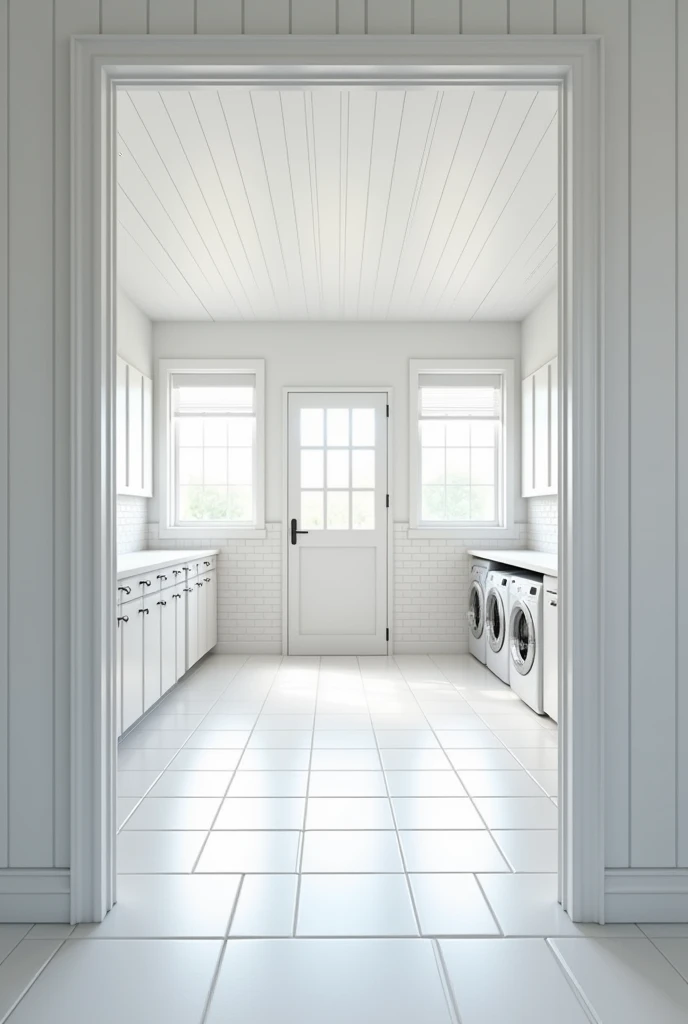 Looking from one of the doors, A very large laundry room with a white wooden roof, tiled walls and floor, and on one of the walls with two sets of two windows, 2 white PVC sliding sheets and on the other 3, a door on each