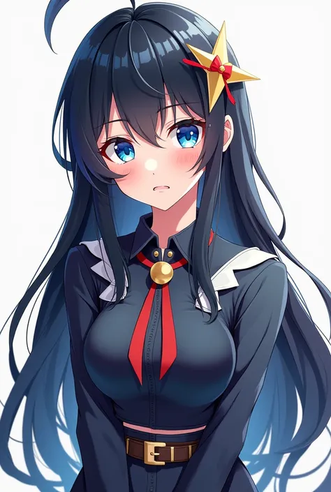 Make a anime girl with black hair blue eyes and outfit is gojo her expression is embarrassed 
