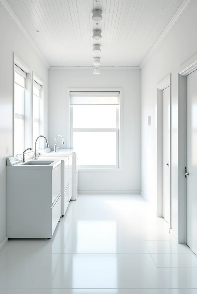 Looking from one of the doors, A very large laundry room with a white wooden roof, tiled walls and floor, and on one of the walls there is only a sink and two sets of two windows, 2 white PVC sliding sheets and on the other 3 a door on each