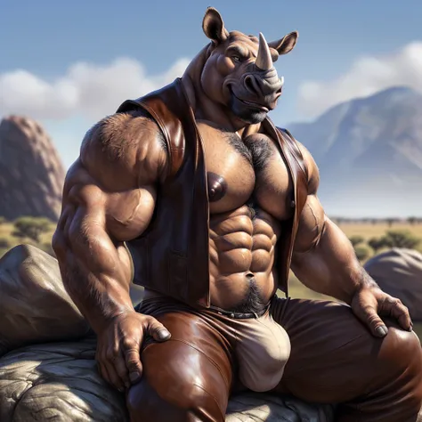 (Rhinoceros), ((((open brown leather vest)))), ((short brown leather pants)), (((full body portrait))), (((sitting in rock))), (savanna and rocks background), detailed face, smiling, muscular chest, muscular, (happy face), looking at the viewer, bodybuilde...