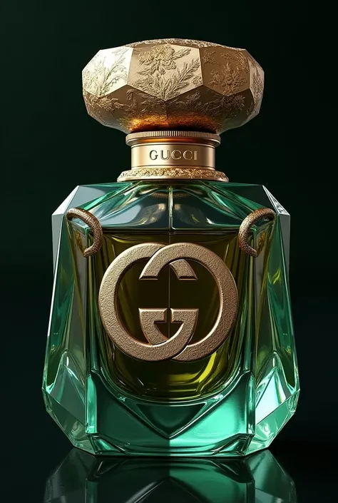 "Design a luxurious and avant-garde perfume bottle for the Gucci brand, blending bold fashion aesthetics with timeless elegance. The bottle should have an intricate yet modern design, exuding creativity and opulence. Opt for a unique shape that stands out—...