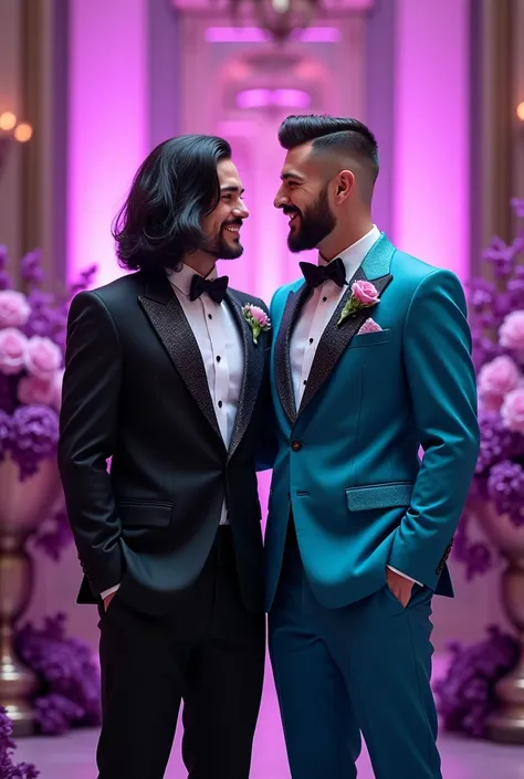 Gay wedding, purple theme. One groom 5ft tall 130lbs wearing a black tuxedo with black shoulder length hair and brown eyes. One groom 5ft 5in tall 300lbs wearing a turquoise blue tuxedo with brown short hair blue tips  buzzed on the sides and neck, blue ey...