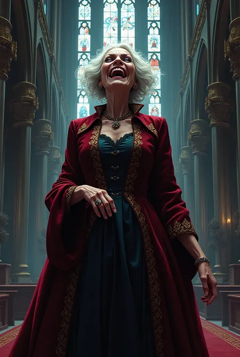 anime style an old woman with the bearing of a madame in a velvet dress laughing wickedly with black eyes and lights and shadows in all art with a background of a Gothic interior church, Gothic