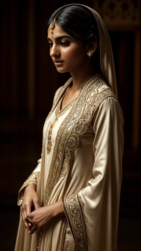 A beautiful Indian woman with a round face, long hair, and a slim, short figure, walking in a dark, vintage metro station under a beautiful night sky. She is wearing a white and pink kurta pajama with a dupatta, (best quality,4k,8k,highres,masterpiece:1.2)...