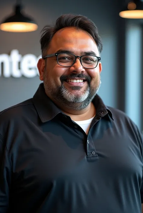 Create a image of man whose age is around 45-50 and his hight is small and he is a fat guy whose name is dinesh jamedar his name was Print behind his photo and for background create a Company whose name is Seventeen Software print Dinesh  Name in backgroun...