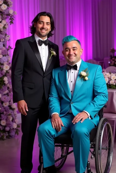 Gay wedding, purple theme. One groom 5ft tall 130lbs wearing a black tuxedo with black shoulder length hair and brown eyes. One groom 5ft 5in tall 300lbs in a wheelchair wearing a turquoise blue tuxedo with brown short  blue hair  buzzed on the sides and n...