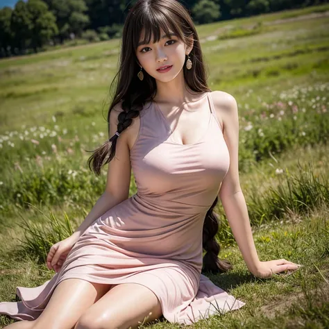 laughing out loud，1 female, 2，wear a dress，gauze dress, in the grassland，light brown hair, blunt bangs, hair behind ears, should...