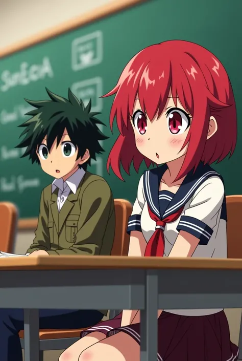 Screenshot of my hero academia.
A not so strong red haired teenage girl, bright red eyes, sitting on a chair in the classroom of class 1a of the UA academy with bakugo 