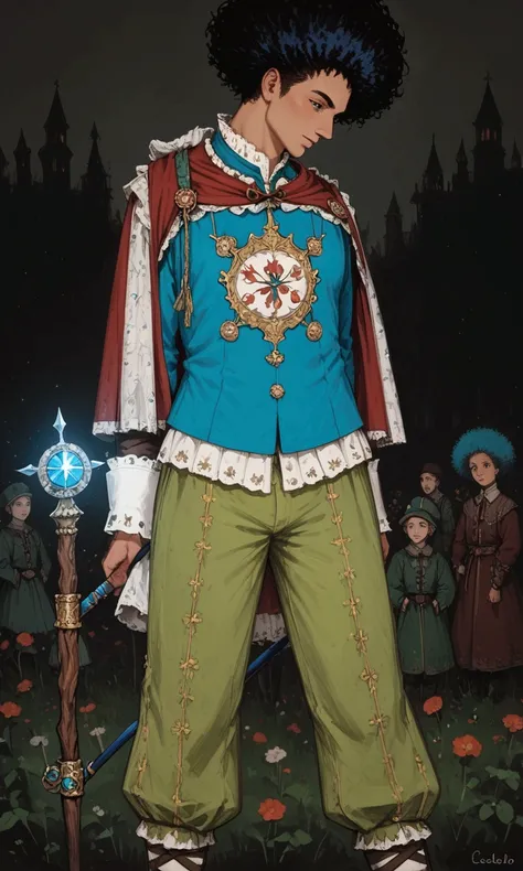 Man with red and blue Afro, red and blue hair, red and blue afro, cabelo vermelho com uma camisa de hóquei medieval style bardo, wearing clothes, moss green pants, teal-green uniform, wearing period correct clothing, medieval staff with ART, portrait in th...