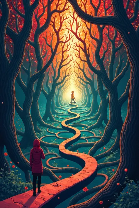 An illustration of a complex labyrinth with several branches, representing a divergent narrative. Inspired by MC Eschers art style, the maze features intricate lines and illusory perspectives. With a vibrant and contrasting color palette, the maze conveys ...