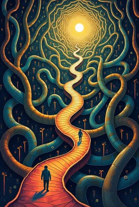 An illustration of a complex labyrinth with several branches, representing a divergent narrative. Inspired by MC Eschers art style, the maze features intricate lines and illusory perspectives. With a vibrant and contrasting color palette, the maze conveys ...