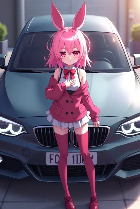 The Anime Character ZeroTwo from Darling in the Franxx standing infront of a BMW 120i Looking cute 